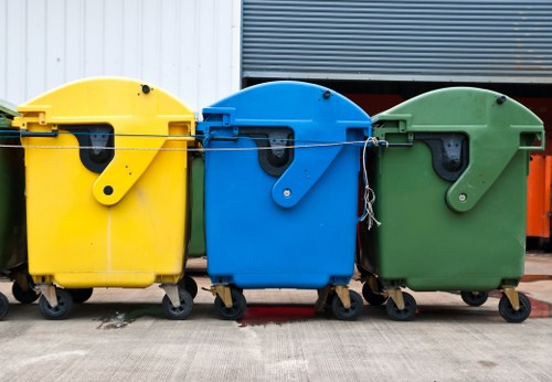 Construction site in Hackney with waste disposal containers